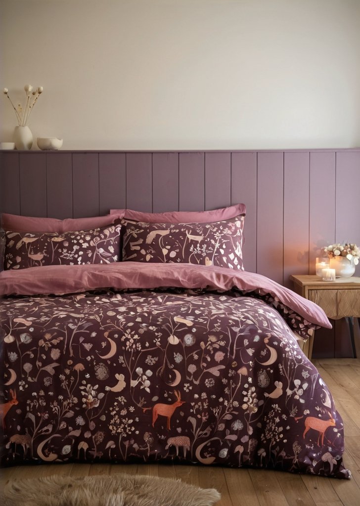 Zestaw dwustronnych poszewek na kołdrą Zaczarowane zwierząta zmierzchu, śliwka