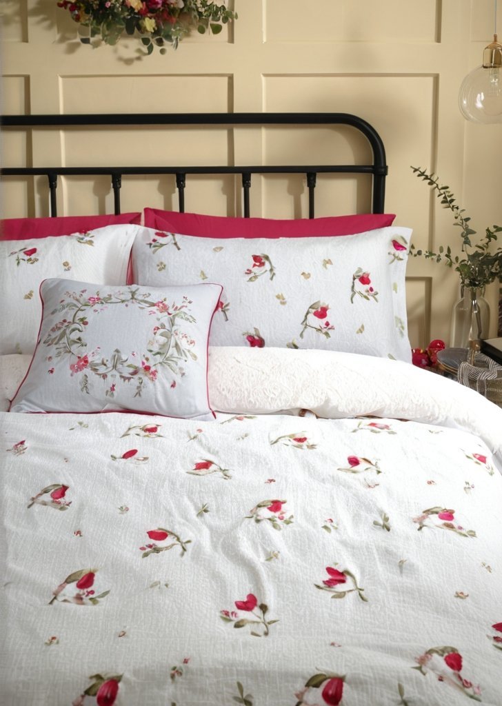 Lodge Winter Robin świąteczny niebieski pluszowy zestaw poszewek na kołdrą - obrazek 2