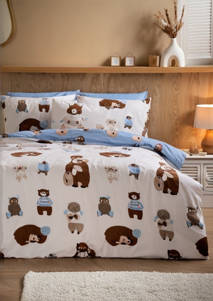 Wielobarwny zestaw pościeli polarowej z nadrukiem misia