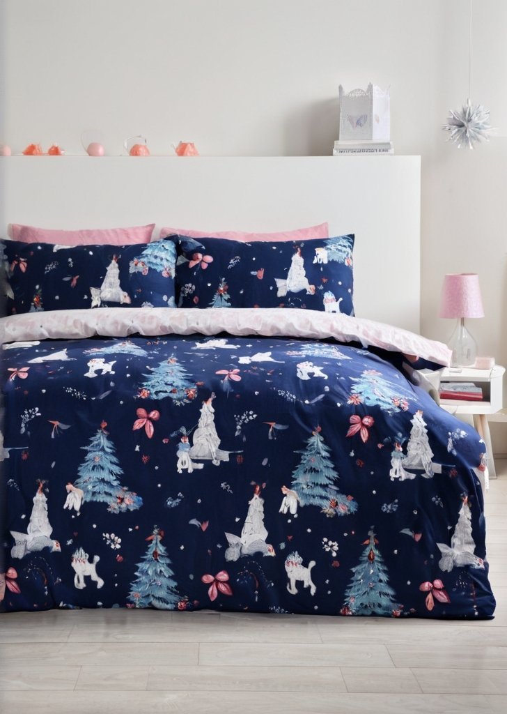 Zestaw dwustronnych poszewek na kołdrą w kształcie choinki w kolorze granatowym