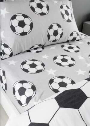 Szare prześcieradło w gwiazdki piłki nożnej ze szczotkowanej bawełny